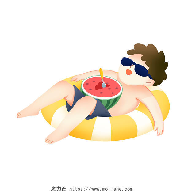 彩色手绘卡通游泳男孩吃西瓜夏天夏日元素PNG素材